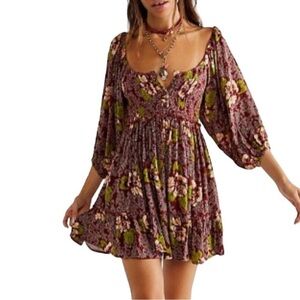 Free People Summer Picnic Mini Dress size Large Maroon Puff Sleeve Boho Floral